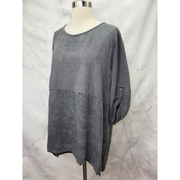 Caroline Rose Tunic Blouse Women 1X Gray Linen Relaxed Lagenlook Hi Low Boho - Picture 5 of 16